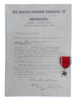 Diploma Cavaliere Ordine Coloniale Stella d'Italia con decorazione - Aeronautica