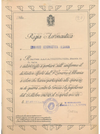 Diploma Regia Aeronautica distintivo Fronte Greco-Albano-Jugoslavo