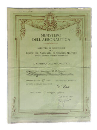 Diploma Regia Aeronautica croce 25 anni d'anzianità