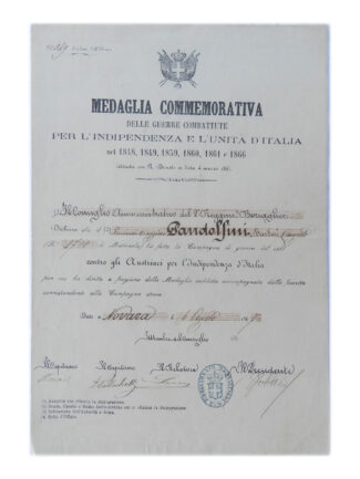 Bersagliere diploma Medaglia Indipendenza Italiana fascetta 1866