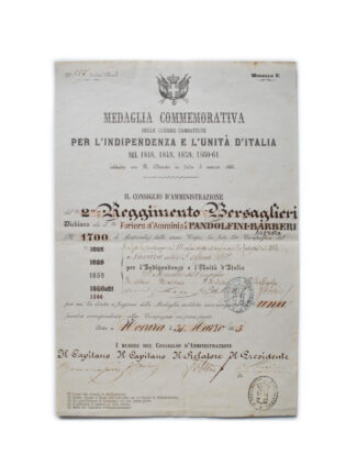 Bersagliere diploma Medaglia Indipendenza Italiana 1859