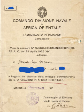 DIPLOMA REGIA MARINA MEDAGLIA CAMPAGNA AFRICA ORIENTALE