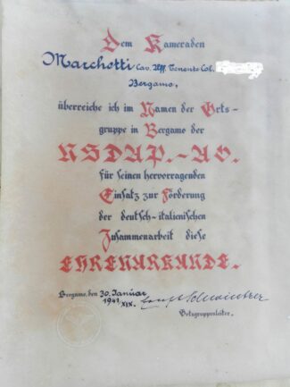 DIPLOMA TEDESCO 1941 A MARESCIALLO DEI REALI CARABINIERI DI BERGAMO