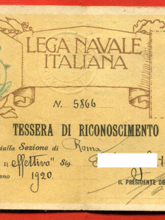 TESSERA LEGA NAVALE ITALIANA  1920
